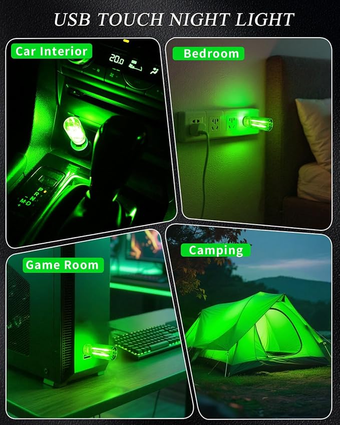 USB Light Touch Dimmable Retro USB Led Lights for Car,Mini USB Light Bulb Ambient Lighting for Car Bedroom Party Christmas Hallway Camping,Green 2Pack