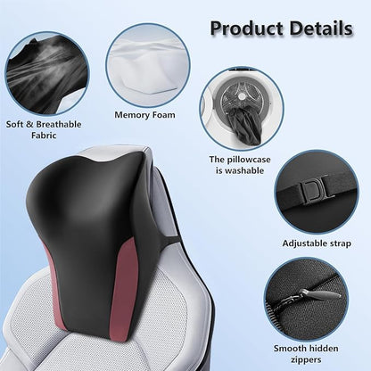 BABUR Car Neck Pillow for Driving Seat, Memory Foam Car Headrest Pillow, Ergonomic Neck Support, Breathable Removable Cover, Adjustable Strap, Pain Relief for Long Drives, Universal Fit | Red