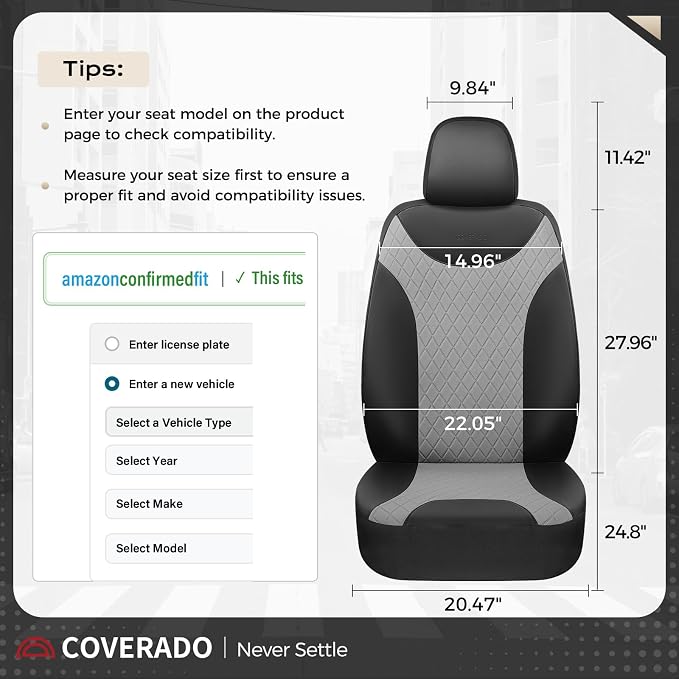 Coverado Car Seat Covers, 5 Seats Front and Rear Seat Covers for Cars, Leather Seat Covers Waterproof Car Seat Protectors, Automotive Seat Cushions Universal for Most Sedan, SUV, Truck, Black & Gray