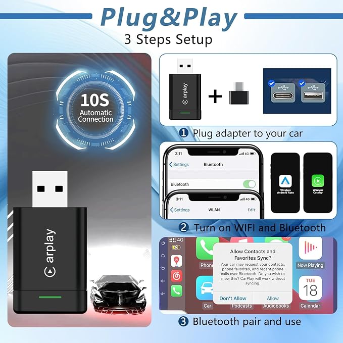 2026 Upgraded Wireless CarPlay Adapter for iPhone – Mini Wired to Wireless Dongle, Fast 5.8GHz WiFi & Bluetooth Connection, Plug & Play, Universal for OEM Wired CarPlay Cars