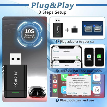 2026 Upgraded Wireless CarPlay Adapter for iPhone – Mini Wired to Wireless Dongle, Fast 5.8GHz WiFi & Bluetooth Connection, Plug & Play, Universal for OEM Wired CarPlay Cars