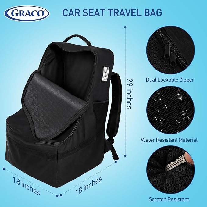 Graco Padded Car Seat Travel Bag & Infant Carrier Backpack, Durable Large Back Pack for Carseats & Booster Seats, Airport Gate Check Bag Luggage, Double Padded Strap, Water Resistant Material, Black