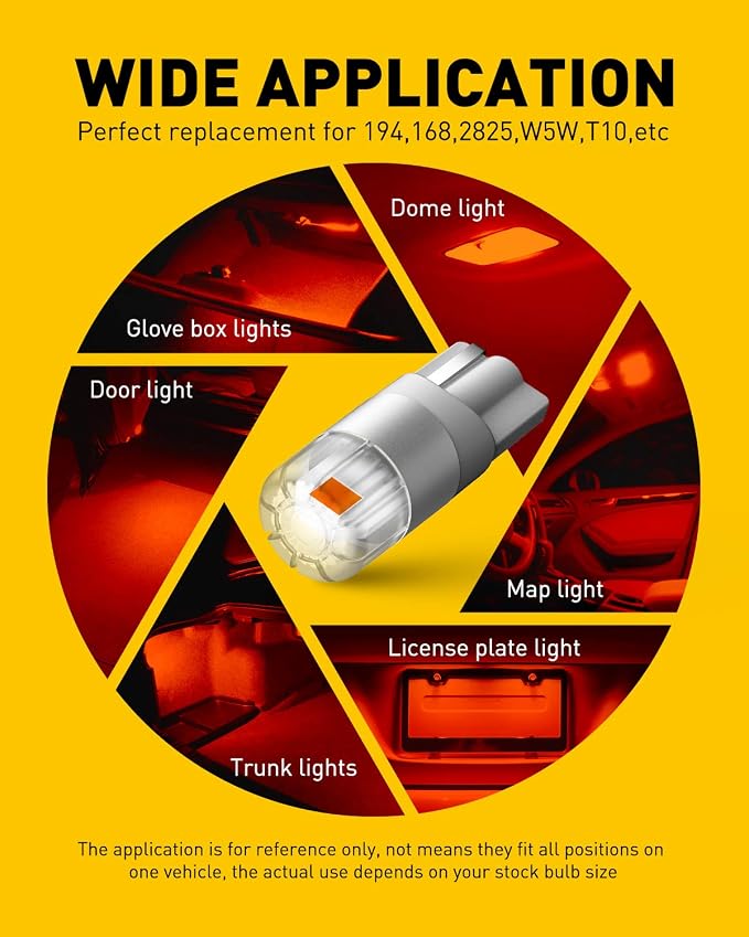 AUXITO Red 194 LED Light Bulbs, Super Bright 1:1 Size, License Plate Light 168 2825 W5W T10 Error Free Car Bulbs for Dome Map Door Courtesy Side Marker Cornering Trunk Light (Pack of 2)