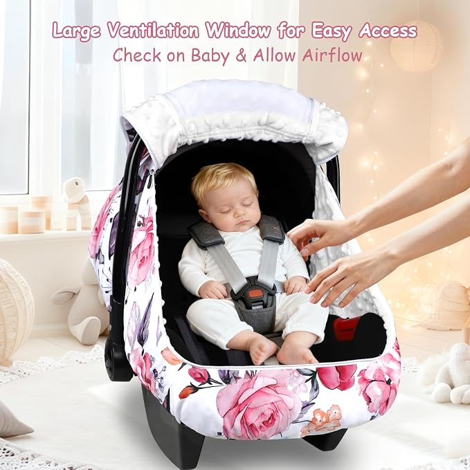 Winter Car Seat Cover Baby with Sunshade & Dual Zipper Windows - Minky Bubble Lined Windproof Soft Shell, Warm Newborn Car Seat Canopy Covers, Elastic Bottom for Stroller & Infant Car Seat, Floral