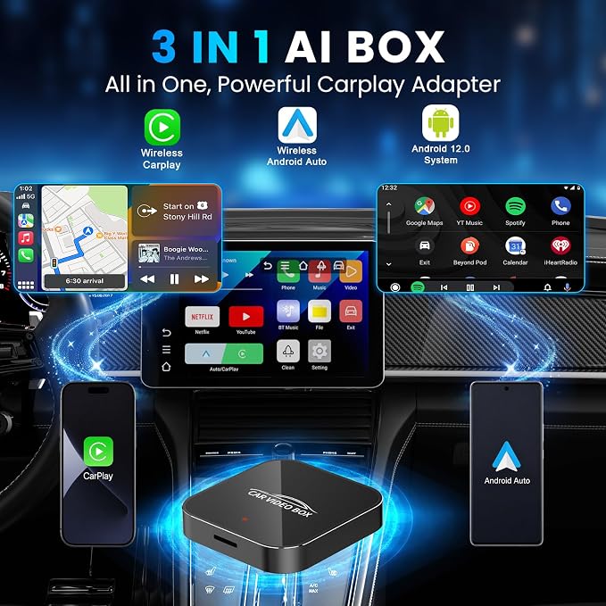 3-in-1 Magic Video Box—Wireless CarPlay & Android Auto Adapter Support YouTube,TikTok,TF Card,Wired-to-Wireless Conversion, No Latency Car Play AI Box for Cars from 2016 & IOS10+/Android 11+