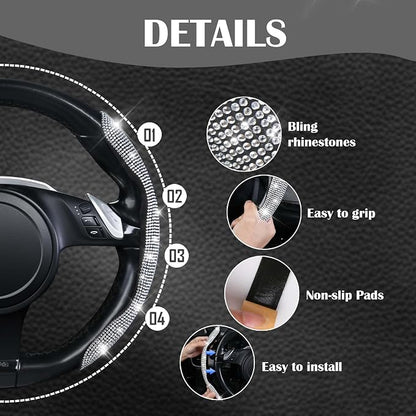CAR PASS Bling Diamond Segmented Steering Wheel Cover with Crystal Rhinestones, 2PCS Wheel Protector Non-Slip Cute Car Accessories Universal Fit D-Shape O-Shape 14.5" to 16" for Women, Silver Diamond
