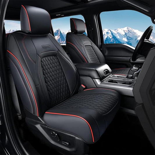 Coverado Seat Covers Dodge RAM 1500, Curved Front Waterproof Leatherette Seat Covers for Car Compatible with 2009-2018 Dodge Ram 1500, 2010-2024 Ram 2500 3500 Dodge RAM Trucks, Red line
