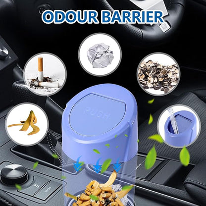 Hovom Mini Car Trash Can with Lid, Portable Garbage Can for Car, Leakproof Cup Holder Automotive Garbage Bin with 2 Rolls of Trash Bags, Small Trash Storage Can for Car Home Office(Dark Blue)