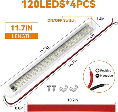 RVZONE 12V LED Interior Light Bar | 120LEDs 1800LM 8W DC 12 Volt led Strip Lights with ON/Off Switch RV Led Lights Interior for Camper Truck Van Boat Trailer Cargo Lights Fixture Motorhome (4Pack)