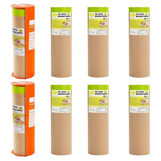 Tangibay Pre-Taped Masking Paper with Dispenser - 18" x 66' Painters Paper and Tape for Painting House, Auto Body, Cars (2 Dispensers 8 Refills)