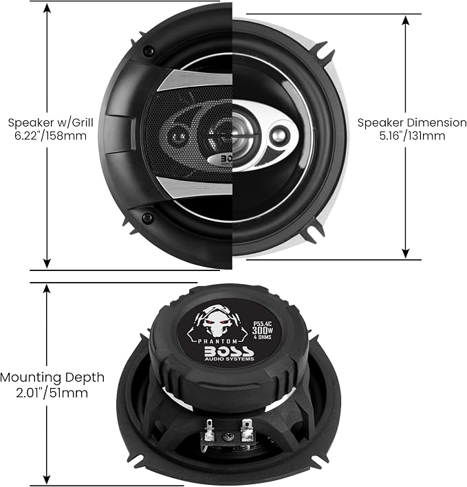 BOSS Audio Systems P55.4C Phantom Series 5.25 Inch Car Stereo Door Speakers - 300 Watts Max, 4 Way, Full Range Audio, Tweeters, Coaxial, Sold in Pairs
