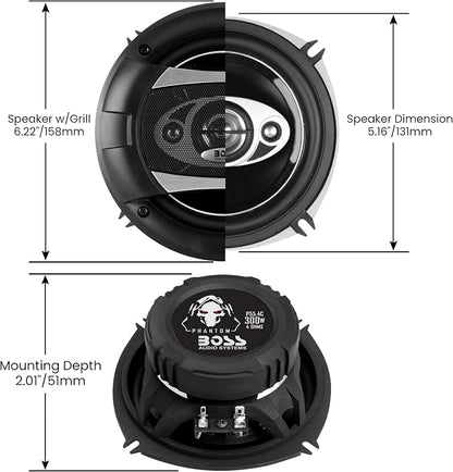 BOSS Audio Systems P55.4C Phantom Series 5.25 Inch Car Stereo Door Speakers - 300 Watts Max, 4 Way, Full Range Audio, Tweeters, Coaxial, Sold in Pairs