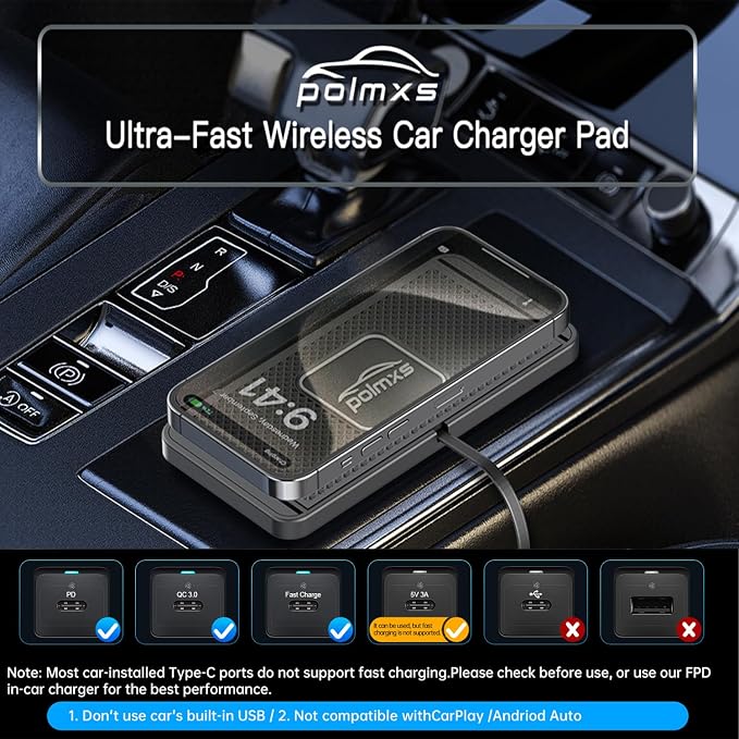 Wireless Charger Car Charging pad,POLMXS 15W Fast Wireless Phone Charger Non Slip Cell Phone Flat Charging mat Compatible with iPhone 11/12/12/14/15 Galaxy S21/S22/S23/24 NOTE10 (30cm Cable)(C2Y)
