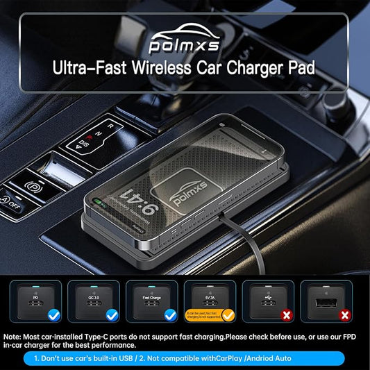 Wireless Charger Car Charging pad,POLMXS 15W Fast Wireless Phone Charger Non Slip Cell Phone Flat Charging mat Compatible with iPhone 11/12/12/14/15 Galaxy S21/S22/S23/24 NOTE10 (30cm Cable)(C2Y)