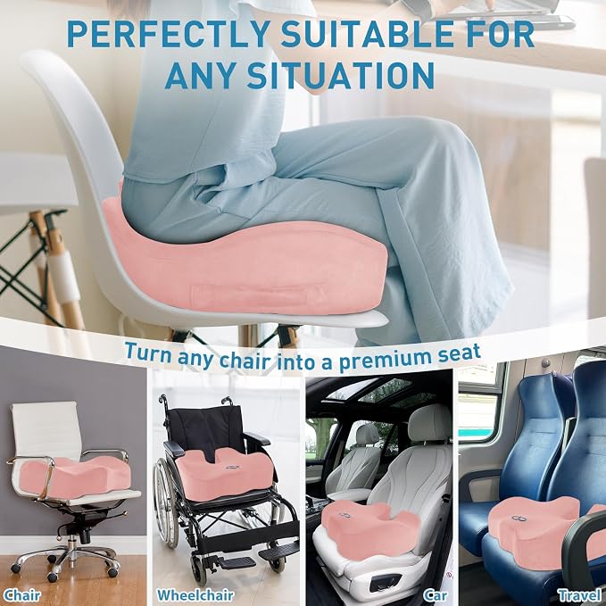 BlissTrends Extra Thick Seat Cushion for Office Chair & Car Seat, Pink | Tailbone & Sciatica Relief, Ergonomic Support, High-Density Memory Foam, Comfort for Extended Sitting