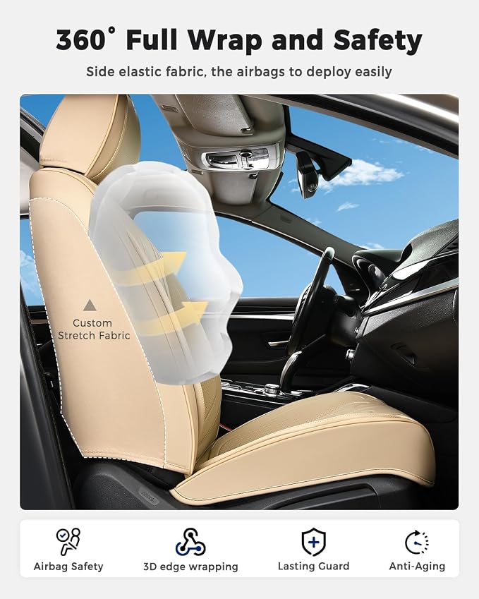 Huidasource Car Seat Covers Full Set, Universal Fit for Most Cars SUV Trucks, Full Coverage Nappa Leather Seat Cover, Airbag, Cupholder Compatible, Velcro Adjustable, Seat Function Retain, Beige