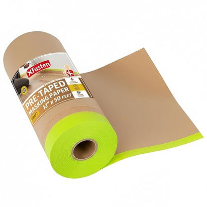 XFasten Pre Taped Masking Paper for Painting 12 Inches x 50 Feet Single Roll Thick Painters Paper with Tape for Cars, Walls, Auto Body — Thick Kraft, Clean Removal Painters Drape with Tape