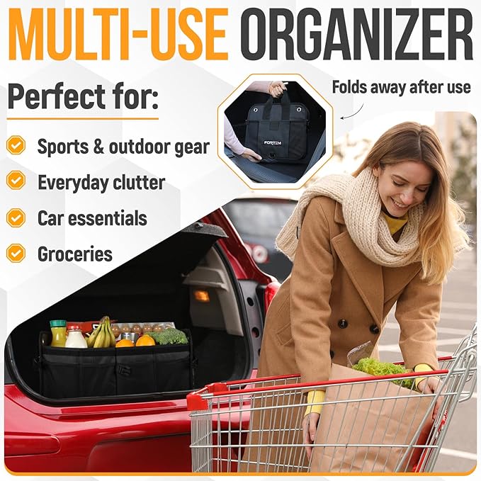 FORTEM Trunk Organizer For SUV Car Organizer and Storage, Multi-Compartment Storage Bag Car Accessories for Women Men, Perfect Christmas Gifts, 1680D Oxford, Non Slip Bottom, Straps, Soft Cover (50L)