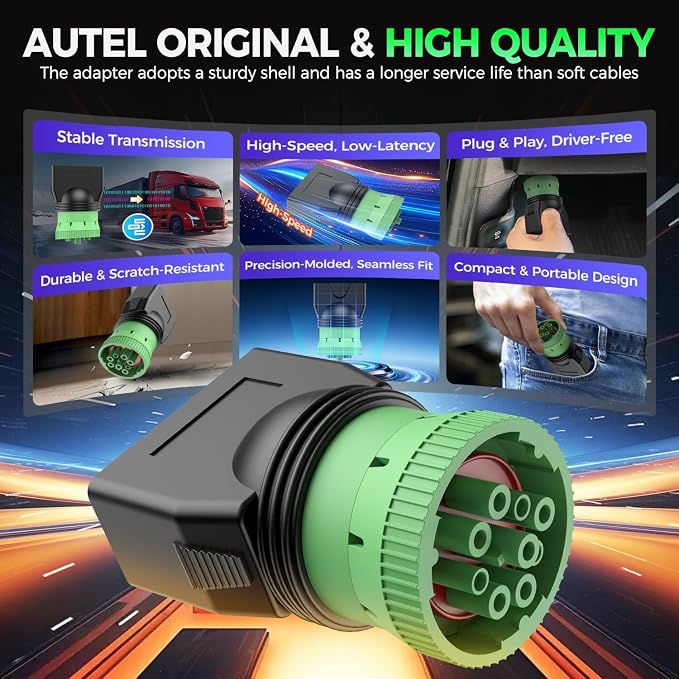 Autel Original Type 2 Green 9pin J1939 to 16pin OBD2 Female Adapter, Male to J1962 OBDII Connector, Work for Heavy Duty Trucks, Used for ELD Device & GPS Tracker & Truck Scanner