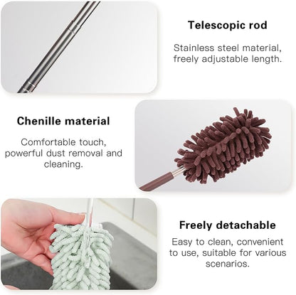 2PCS Car Interior Duster with Extension Pole, Microfiber Retractable Dusters Auto Dash Cleaning Tool, Soft Chenille Hand Washable Dusters for Vehicle Window Office Furniture (Brown)
