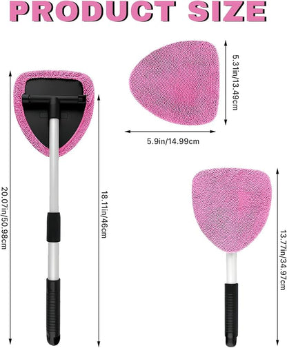 Car Window Cleaner, Car Cleanser Brush, Car Accessories Car Cleaning Supplies Tools, Car Cleaning Kit with Extendable Handle, Microfiber Cloth, Spray Bottle, Fits All Cars (Pink)