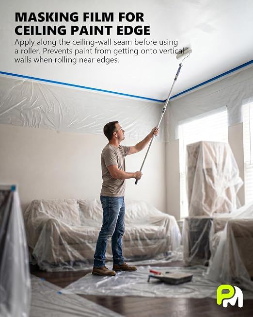 Pre-Taped Masking Film for Painting(2 Rolls) - 22" x 66'Painters Plastic Sheeting with Tape and Drape, Painters Drop Cloth for Automotive & Home, Cover for Walls/Floors/Windows/Cars Protection