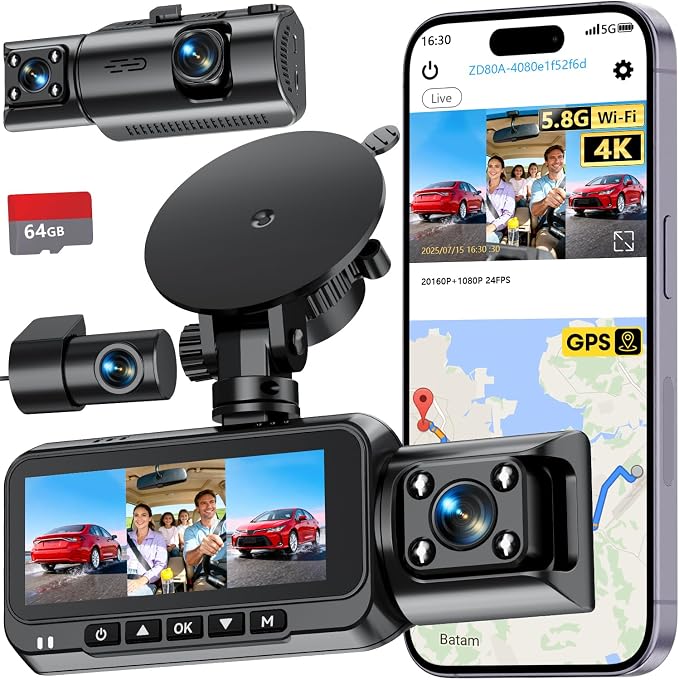 3-Channel Dash Cam 4K for Car: Front, Rear & Inside Dash Camera with 5.8G WiFi & GPS - 24H Parking Mode, 64GB Card for Rideshare Driver