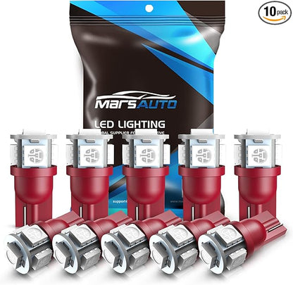 Marsauto 194 LED Bulb Brilliant Red 168 T10 2825 5SMD No Polarity Replacement Bulbs for Car Dome Map Door Courtesy License Plate Dashboard Lights (Pack of 10)