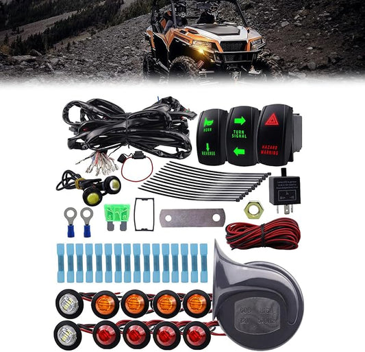 UTV ATV SXS Street Legal Kit with RockerTurn Light Horn Hazard Switch Flasher RelayFuse Line LED Lights Horn & Reverse Switch for Atv Utv Red Wire Harness Instruction Manual Light
