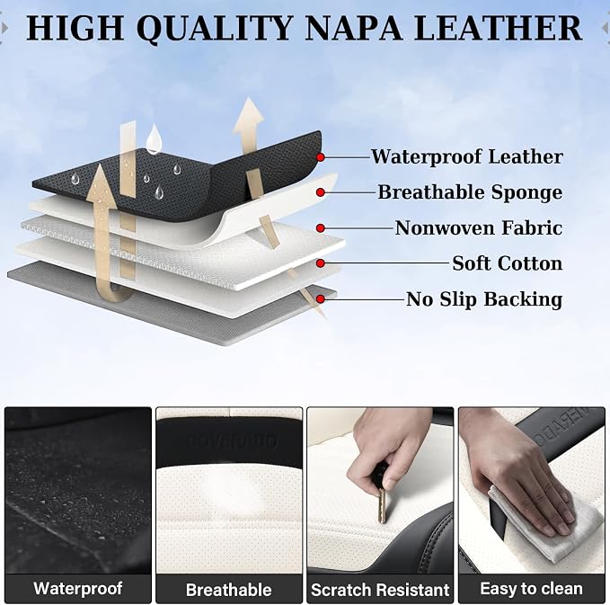 Coverado Car Seat Covers Full Set, Seat Covers for Cars, Automotive Seat Covers, Waterproof Nappa Leather Front Seats and Back Car Seat Protector, Universal Fit for Most Cars SUV Trucks,Black&White