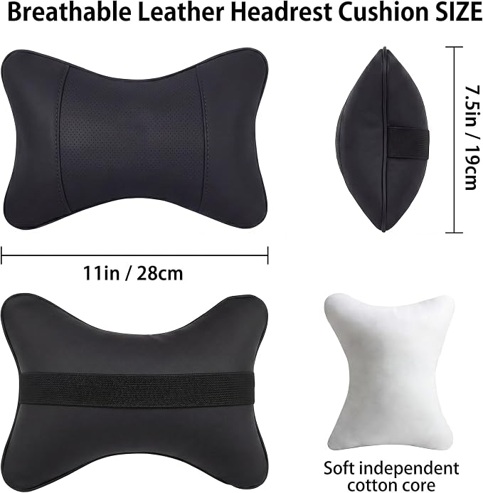 Car Pillow for Car Neck Pillow for Driving Seat Leather Neck Support Soft Cushion Support Head-Rests for Vehicle Sleeping with Elastic Adjustment Strap 2PCS (Neck, Black)