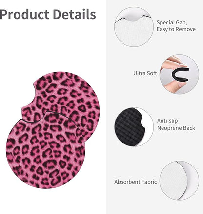 Leopard Print Pink Steering Wheel Cover 15 Inch +2 Pieces Car Coasters | Universal Anti-Slip Breathable Cheetah Print hot Pink Car Wheel Cover for Women Men