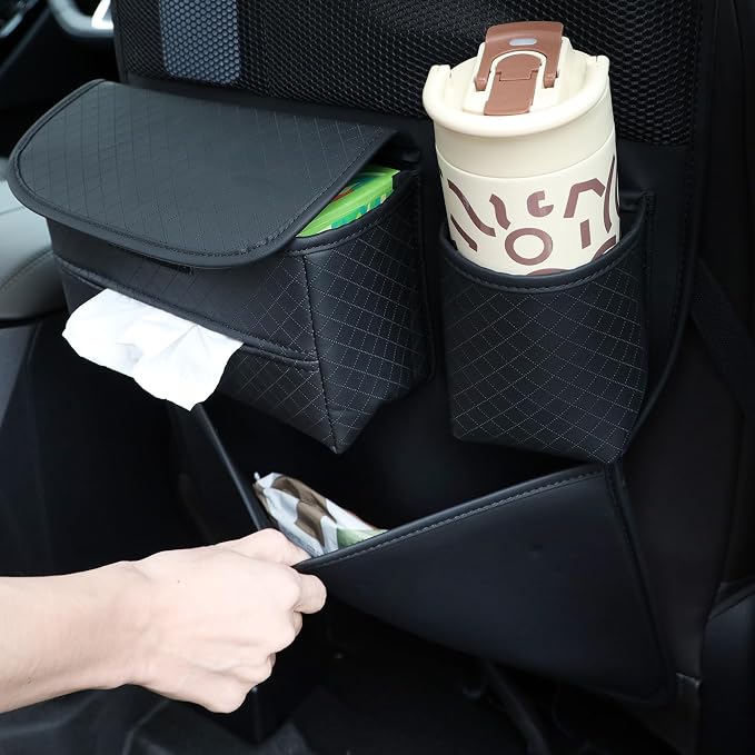PU Leather Car Seat Back Organizer with Kick Mat Protectors, Tissue Box Storage, Cup Holder, Phone Holder for Road Trips. (Black)