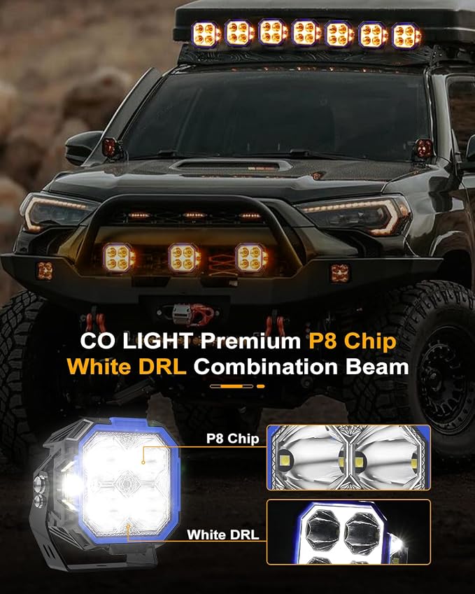 CO LIGHT 3 Inch 10300LM Cube Pods 210° Wide-Angle Yellow/White DRL Offroad Multi-Use for Trucks 4x4 ATV Motorcycle Spot Work Driving Fog Beams