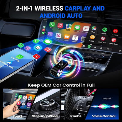 2026 Wireless CarPlay Android Auto Adapter, 2 in 1 Plug and Play Wireless Adapter, Fast Auto Reconnect, Plug and Play for OEM Factory Wired CarPlay Vehicles