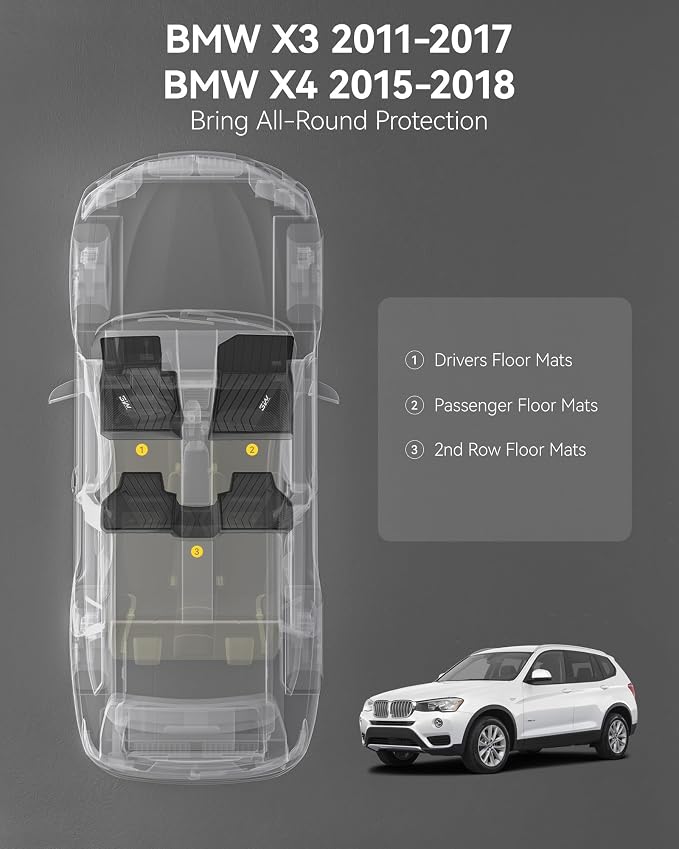3W Floor Mats Compatible for BMW X3 F25 2011-2017 / BMW X4 2015-2018 xDrive28i/28d/35i/M40i Custom Fit TPE All Weather Floor Liner for 1st and 2nd Row Full Set Car Mats, Black