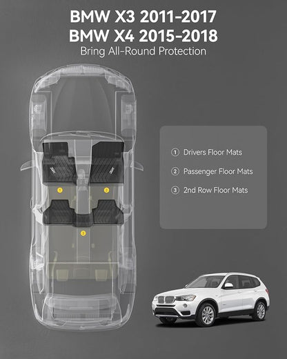 3W Floor Mats Compatible for BMW X3 F25 2011-2017 / BMW X4 2015-2018 xDrive28i/28d/35i/M40i Custom Fit TPE All Weather Floor Liner for 1st and 2nd Row Full Set Car Mats, Black