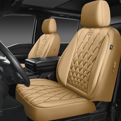 CAR PASS Piping Luxury Leather Seat Covers Full Set,5 Seats Leatherette Anti-Slip Waterproof Seat Covers Compatible with Front Armrests,Universal Fit for Suvs,Vans,Trucks,Airbag Compatible,Pure Beige