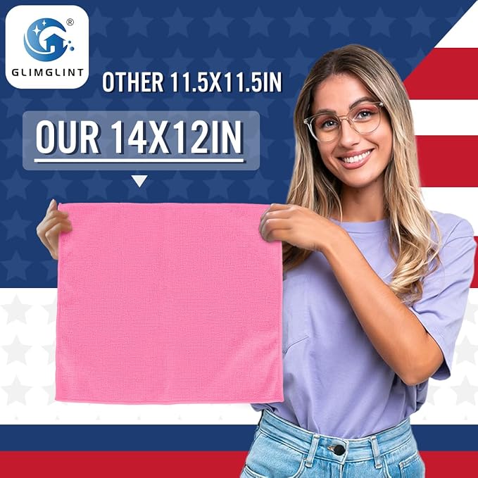 GLIMGLINT Pink Microfiber Cleaning Cloth,12PK Reusable Cleaning Rags, Highly Absorbent Shop Rags Bulk, All-Purpose Car Cleaning Towels for TV Screen, Kitchen, Bathroom, Restaurant Garage, 14"X12"