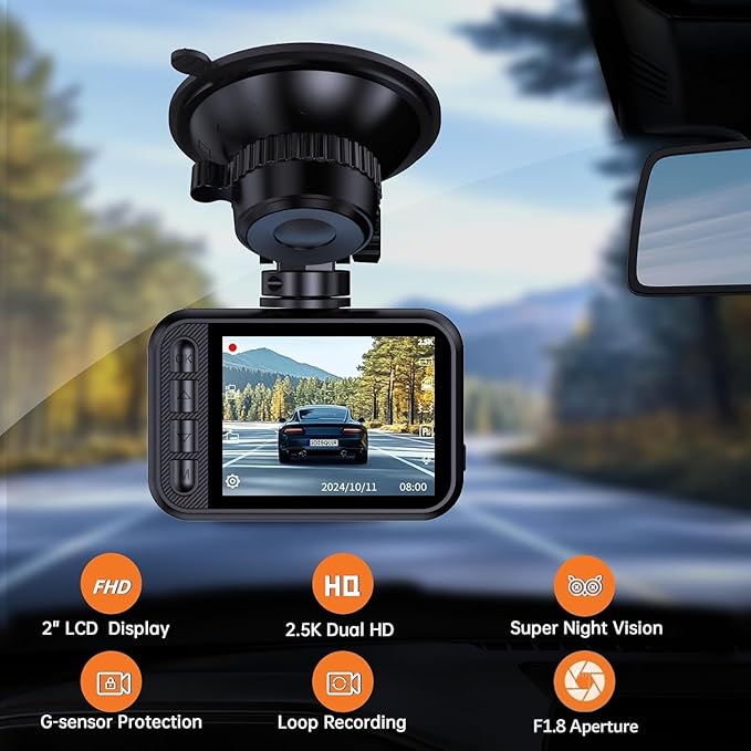 E-YEEGER Dash Cam Front and Rear, 2.5K Dual Dash Camera for Cars, 2560P Mini Car Camera, 2 inch IPS Screen, WDR Night Vision, 24 Hours Parking Monitor, G-Sensor, Support 256 GB Max