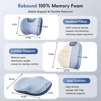 FLORICH Seat Cushion and Lumbar Support Pillow for Office Chair Car, Car Neck Pillow, Ergonomic Memory Foam Back Support for Office Gaming Chair Wheelchair, Relieves Neck, Back & Sciatica Pain – Blue