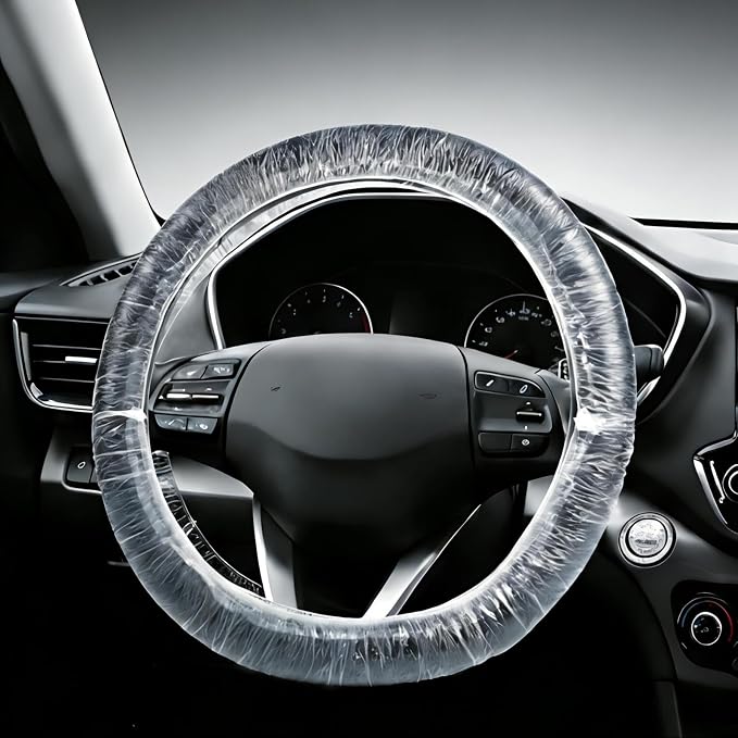 100Pcs Disposable Car Steering Wheel Covers, Universal Plastic Steering Wheel Protector with Elastic, Automotive Interior Protection Accessories for Most Vehicle Models