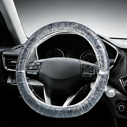 100Pcs Disposable Car Steering Wheel Covers, Universal Plastic Steering Wheel Protector with Elastic, Automotive Interior Protection Accessories for Most Vehicle Models