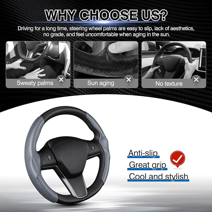 Canvcle Steering Wheel Cover for Tesla Model 3/Y 2016-2025 2026 Highland/Juniper Accessories Carbon Fiber Steering Wheel Cover Protector Non-Slip, Comfortable, Breathable, Model 3/Y Accessories, Gray