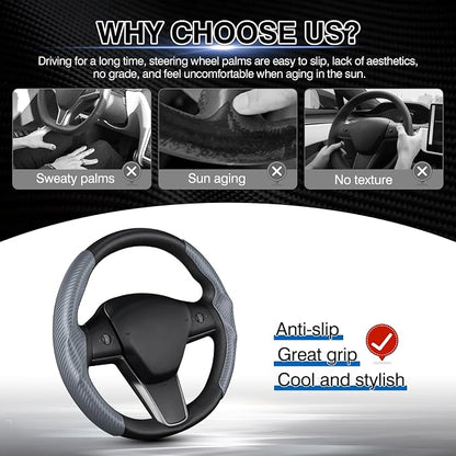 Canvcle Steering Wheel Cover for Tesla Model 3/Y 2016-2025 2026 Highland/Juniper Accessories Carbon Fiber Steering Wheel Cover Protector Non-Slip, Comfortable, Breathable, Model 3/Y Accessories, Gray