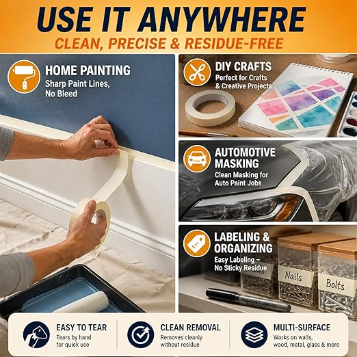 SWRT Masking Tape 1 Inch Wide x 55 Yards x 12 Rolls, White Painters Tape for General Purpose Use, Masking Tape Bulk for Kitchen Labeling, Crafts & Home Projects (660 Yards Total)