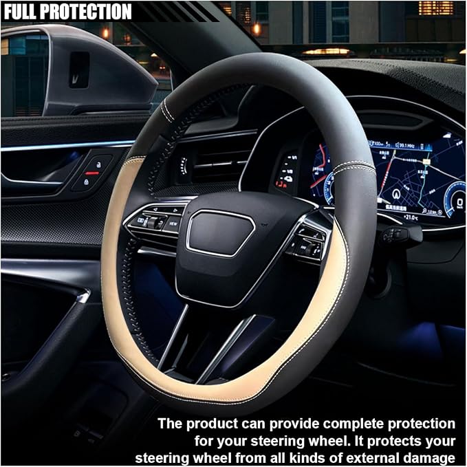 LAINLOY 14.5"-15" Car Steering Wheel Cover, Microfiber Leather Cover, Anti-Slip Breathable Steering Wheel Decoration, Universal Steering Wheel Accessories for Diverse Cars (Beige)