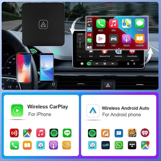 Wireless CarPlay & Android Auto Adapter, 2-in-1 Mini AI Box, Fast, Stable Connection for Convert Wired to Wireless Car Play Adapter - No Latency Plug and Play car Accessories