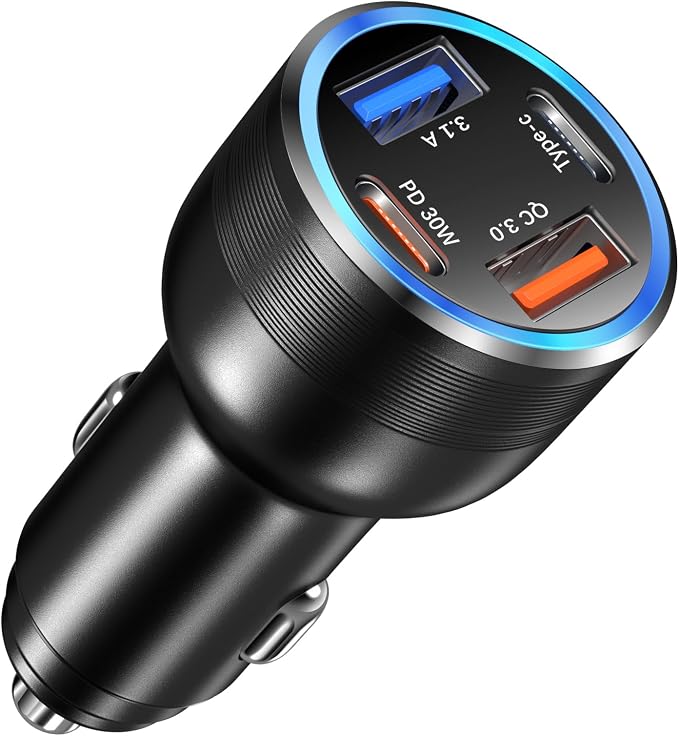 65W USB C Car Charger, Bangfun 4 Port Cigarette Lighter Adapter QC/PD 30W Fast Charging Dual 12V USB Car Phone Charger Power Adapter Plug for iPhone 16 15 14 13 12 iPad Pro,Samung S24(Black)