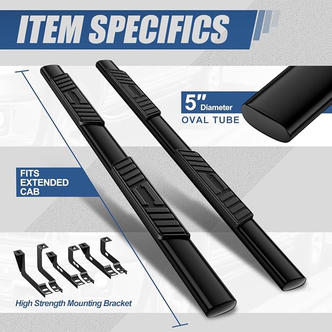 Auto Dynasty Running Boards Compatible with 1999-2014 Chevy Silverado GMC Sierra 1500 2500 3500 Extended Cab, Stainless Stee Side Step Rail Nerf Bars, 5" Step Bars, Black Powdercoated